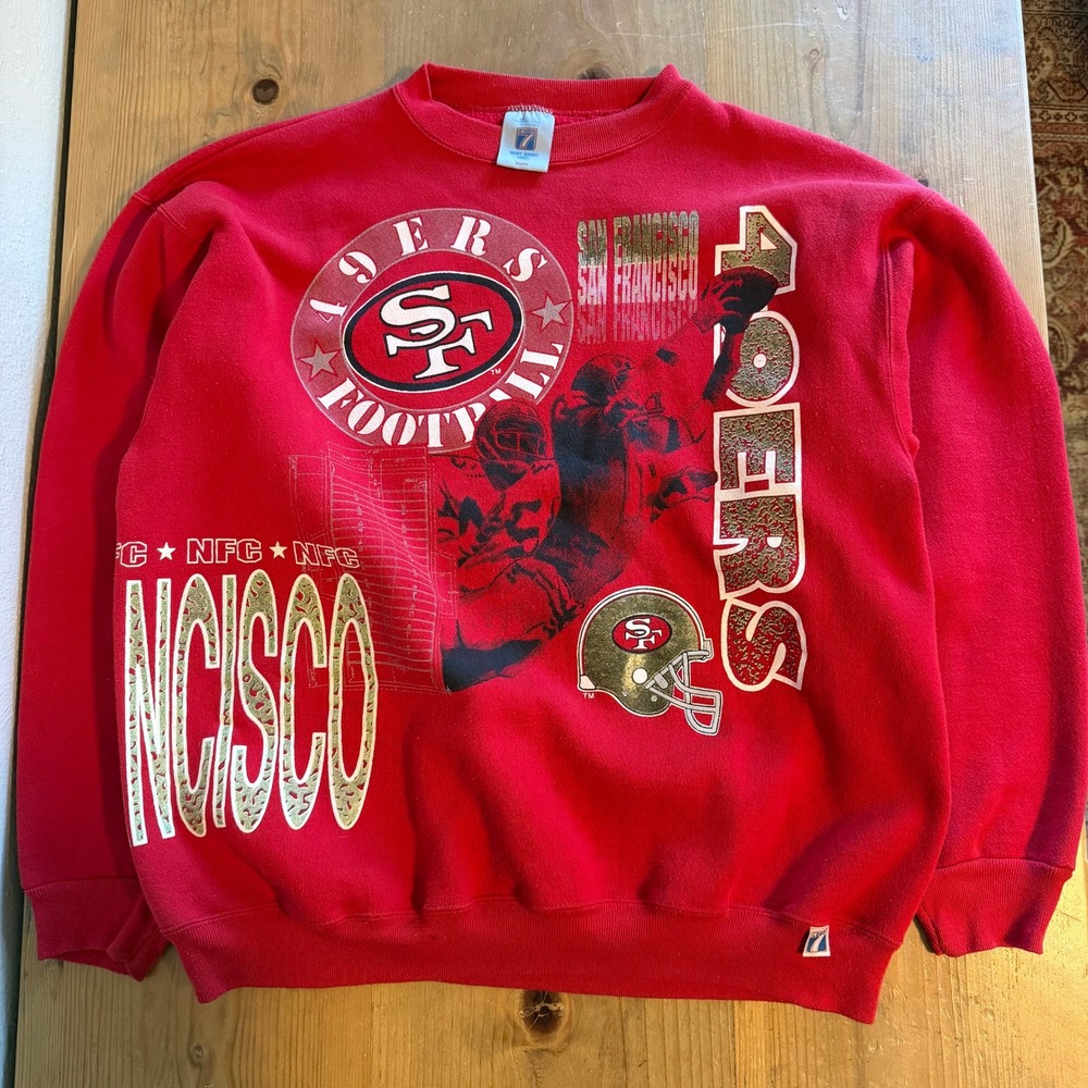 Vintage Logo 7 San Francisco 49ers Sweatshirt XL Red NFL All Over Print 90s USA